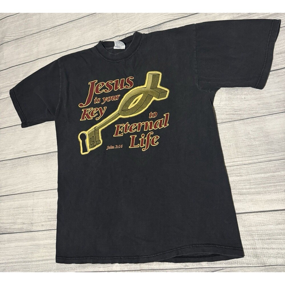 Vintage 90s John 3:16 Jesus Is Your Key To Eternal Life T Shirt Size Large Defec